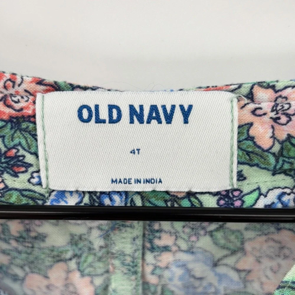Old Navy Romper Girls 4T Green Floral Cotton Linen Sleeveless Summer Boho Linen